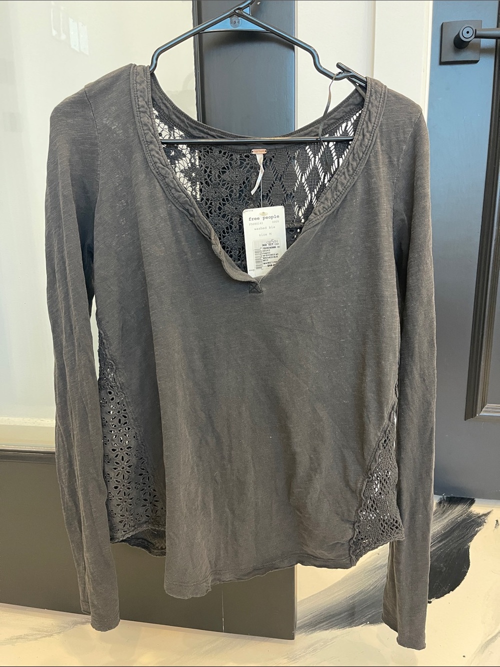 Free People Black Crochet-Back Long Sleeve V-Neck Top